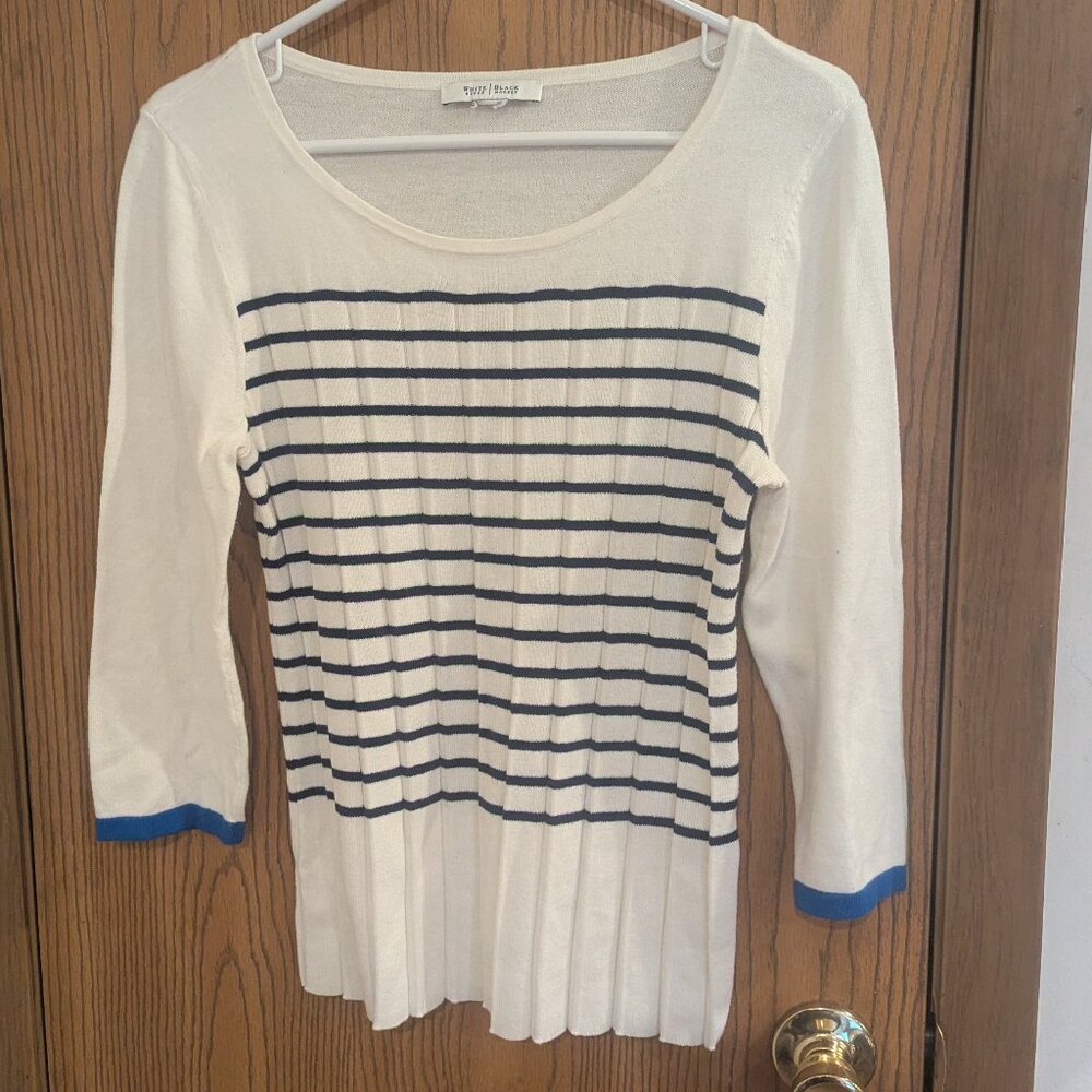 White House Black Market Striped Pleated Knit Blouse‎ White Blue-Small